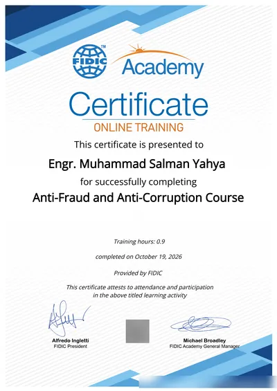 FIDIC Academy certificate: Anti-Fraud and Anti-Corruption Course