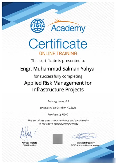 FIDIC Academy certificate: Applied Risk Management for Infrastructure Projects