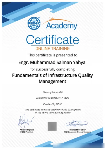 FIDIC Academy certificate: Fundamentals of Infrastructure Quality Management
