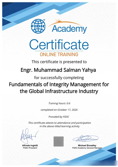 FIDIC Academy certificate: Fundamentals of Integrity Management for the Global Infrastructure Industry
