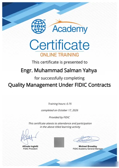 FIDIC Academy certificate: Quality Management Under FIDIC Contracts